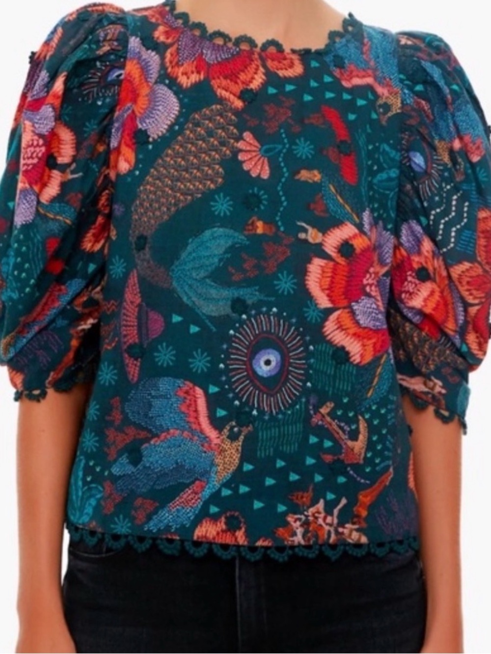 Teal Floral Puff-Sleeve Women's Top